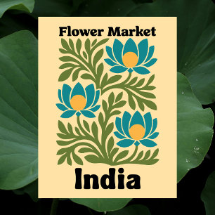 India Flower Market Teal Lotus & Botanical Leaf Postcard