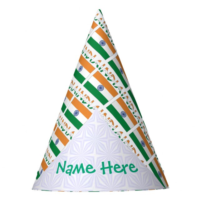 India Indian Flag Tiled Green Personalized Name Party Hat (Front)