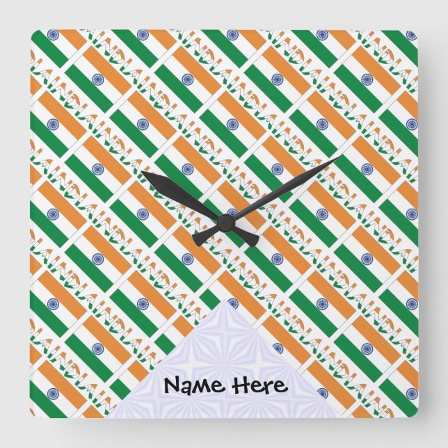 India Indian Flag Tiled Personalized Name  Square Wall Clock (Front)