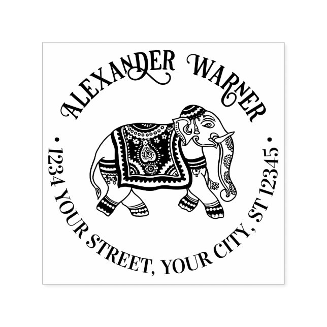 India Mehndi Elephant Name Return Address Self-inking Stamp (Design)
