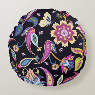 India Paisley Seamless Floral Ornament Round Cushion