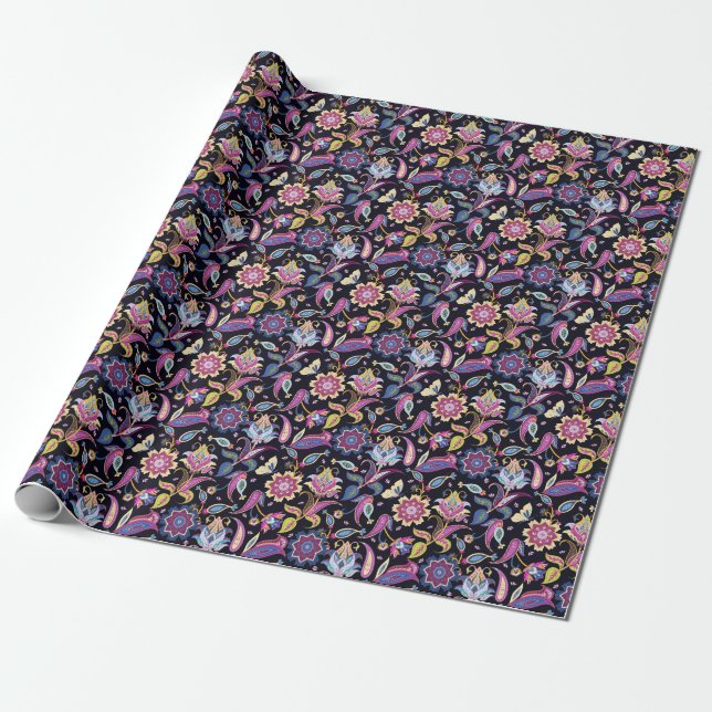 India Paisley Seamless Floral Ornament Wrapping Paper (Unrolled)