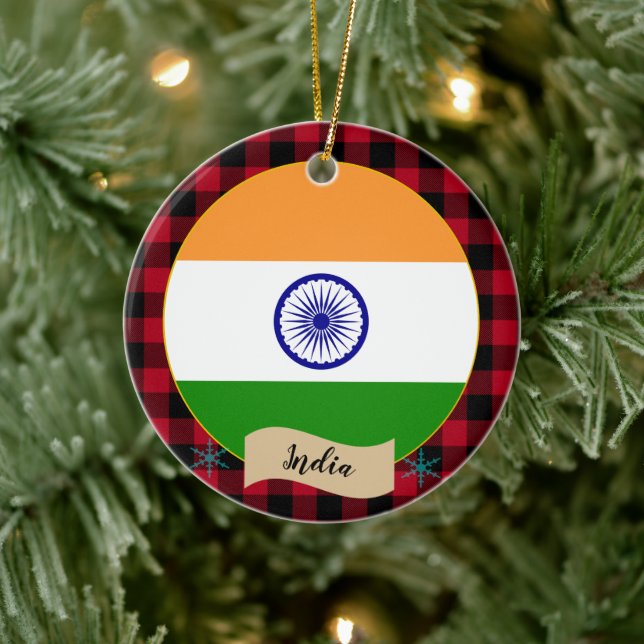 India, Red buffalo plaid & Indian Flag Ceramic Tree Decoration (Tree)