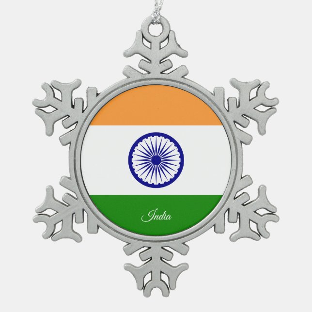 India snowflake, Indian Flag Snowflake Pewter Christmas Ornament (Front)