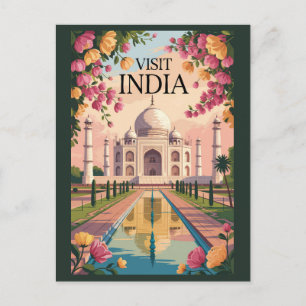 India Taj Mahal Illustration Travel Art Vintage Postcard