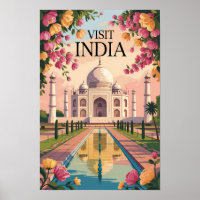 India Taj Mahal Illustration Travel Art Vintage