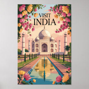 India Taj Mahal Illustration Travel Art Vintage Poster