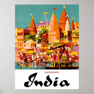 India, traditional buildings in Varanasi city Poster