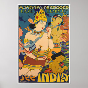 India Travel Poster Ajanta Caves Art Indian Print