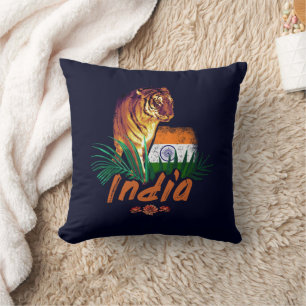 India Vintage Tiger With Flag Retro Lotus Souvenir Cushion