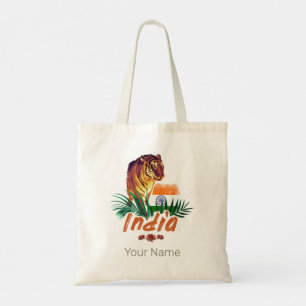 India Vintage Tiger With Flag Retro Lotus Souvenir Tote Bag