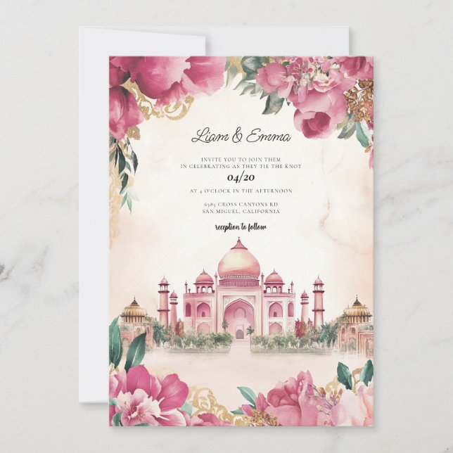 India Watercolor Wedding Destination Invitation (Front)