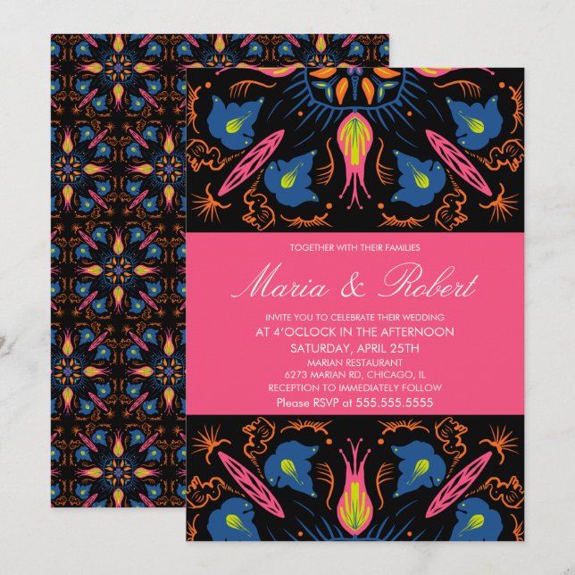 India Wedding Theme Elephant Floral Black  Invitat Invitation (Front/Back)
