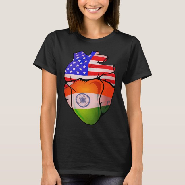 Indian American Split Anatomical Heart With Flags T-Shirt (Front)