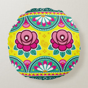 Indian and Pakistani truck art seamless long horiz Round Cushion