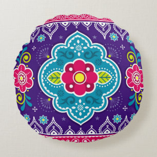 Indian and Pakistani truck art seamless pattern de Round Cushion