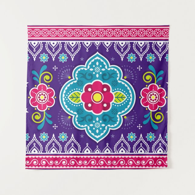 Indian and Pakistani truck art seamless pattern de Tapestry (Front)