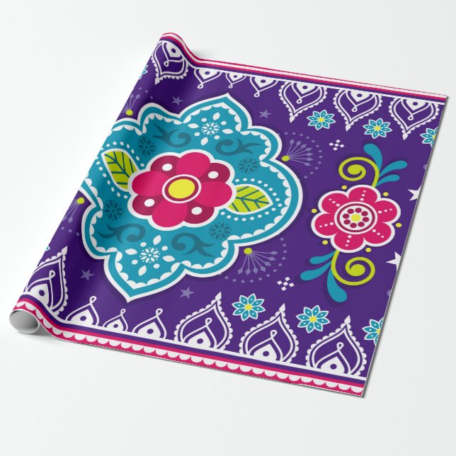 Indian and Pakistani truck art seamless pattern de Wrapping Paper (Unrolled)