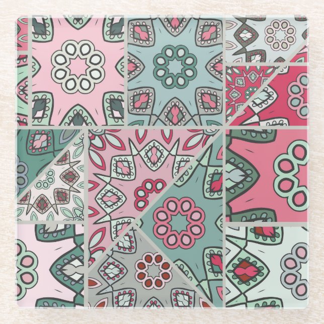 Indian Arabic Patchwork Quilt Vintage Glass Coaster (Front)