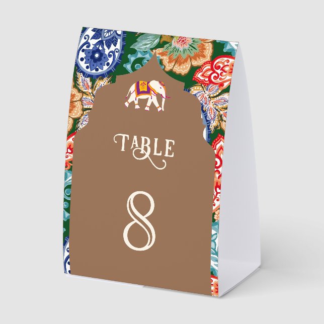 Indian Art Elephant Beige Wedding Table Number (Front)