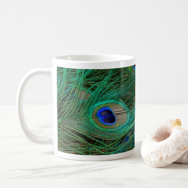 Indian Blue Peacock Feather Coffee Mug (With Donut)