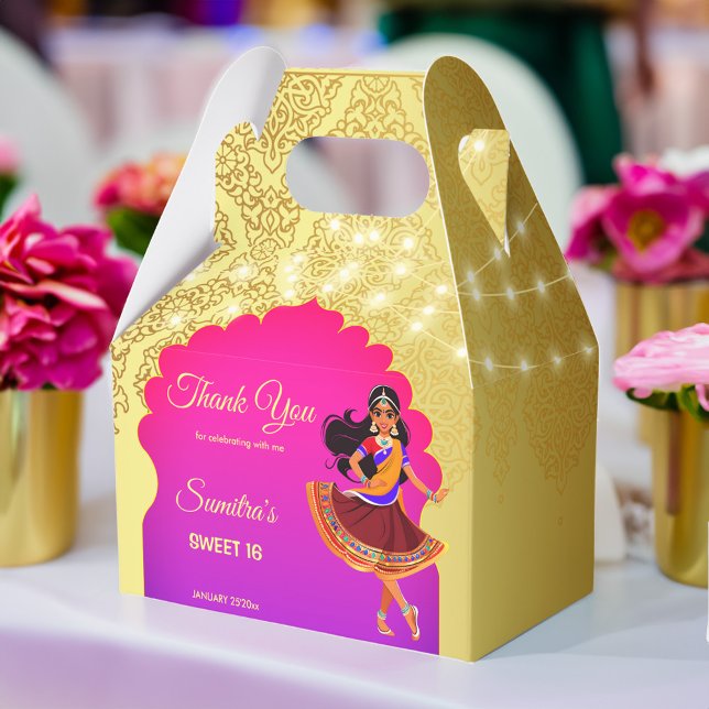 Indian Bollywood girls birthday party template Favour Box (Indian Bollywood girls birthday party template Favor Box gold and pink cute cartoon caricature)