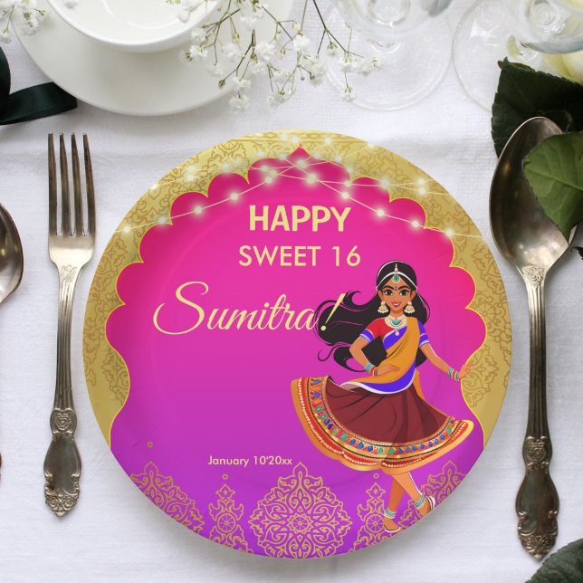 Indian Bollywood girls birthday party template Paper Plate (Indian Bollywood girls birthday party template printed Paper Plates pink and gold cute cartoon)