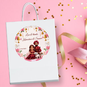 Indian bridal couple with dogs caricature favour classic round sticker