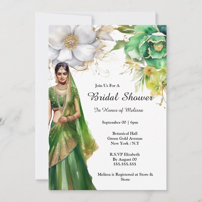 Indian bride green gold flowers botanical bridal  invitation (Front)