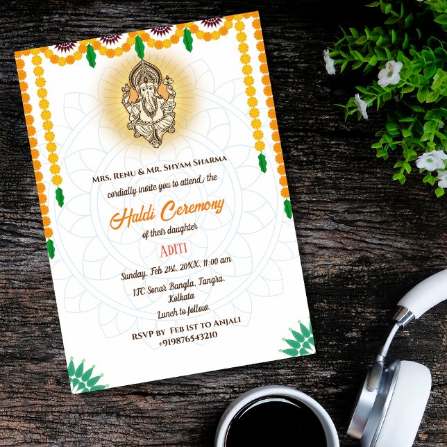 Indian Bride Haldi Ceremony Hindu Couple Ganesha Invitation (Creator Uploaded)