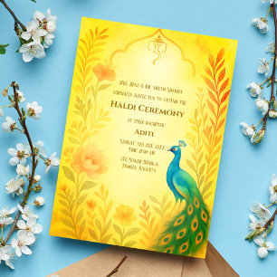Indian Bride Haldi Ceremony Peacock Floral Invitation