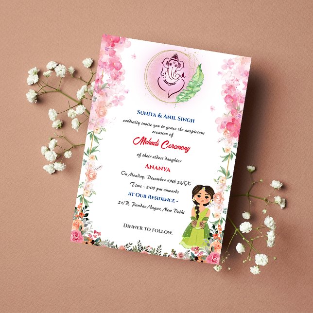 Indian Bride Mehndi Ceremony Ganesha Floral Invitation (Creator Uploaded)