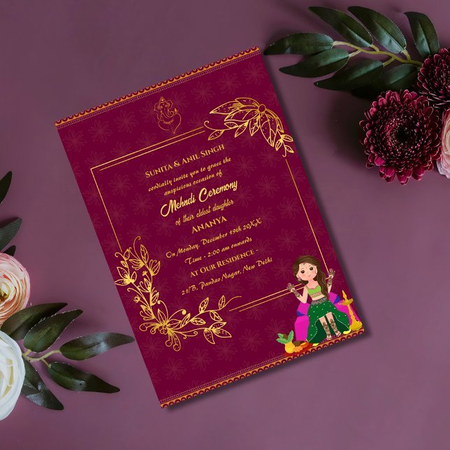 Indian Bride Mehndi Ceremony Golden Element Ganesh Invitation (Creator Uploaded)