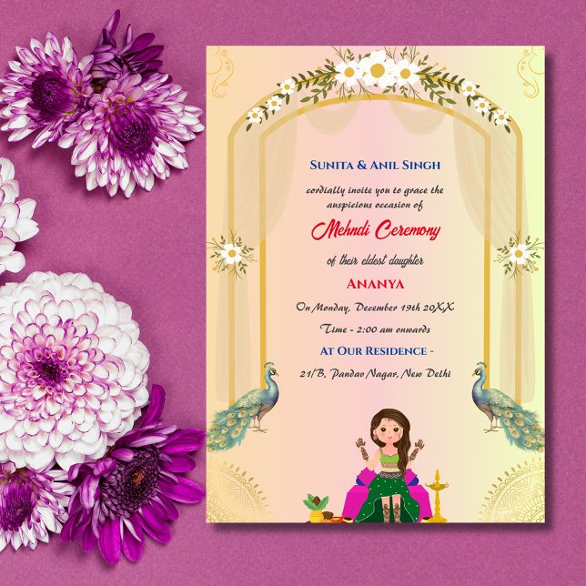 Indian Bride Mehndi Ceremony Peacock Design Invitation (Creator Uploaded)