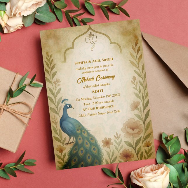 Indian Bride Mehndi Ceremony Peacock Floral Invitation (Creator Uploaded)
