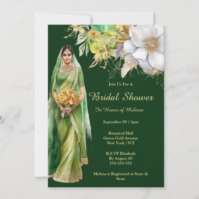 Indian bride to be green gold flowers botanical  invitation (Front)