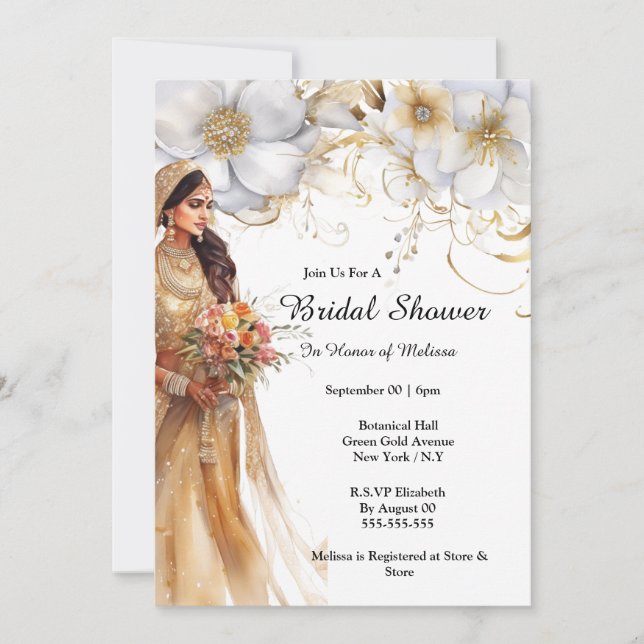 Indian bride white gold flowers botanical bridal  invitation (Front)