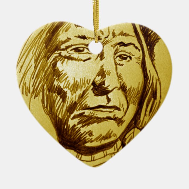 Indian Chief Pencil Sketch Ceramic Tree Decoration (Front)