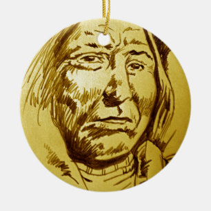 Indian Chief Pencil Sketch Ceramic Tree Decoration