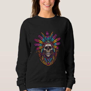 Indian Chief Skull Head With Feathers Colourful Sweatshirt