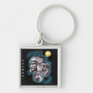 Indian Chief & Wolves Key Ring
