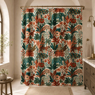 Indian Colonial Garden Elephants Tigers Vintage Shower Curtain