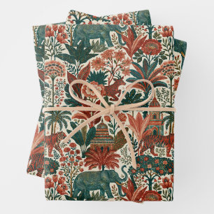 Indian Colonial Garden Elephants Tigers Vintage Wrapping Paper Sheet