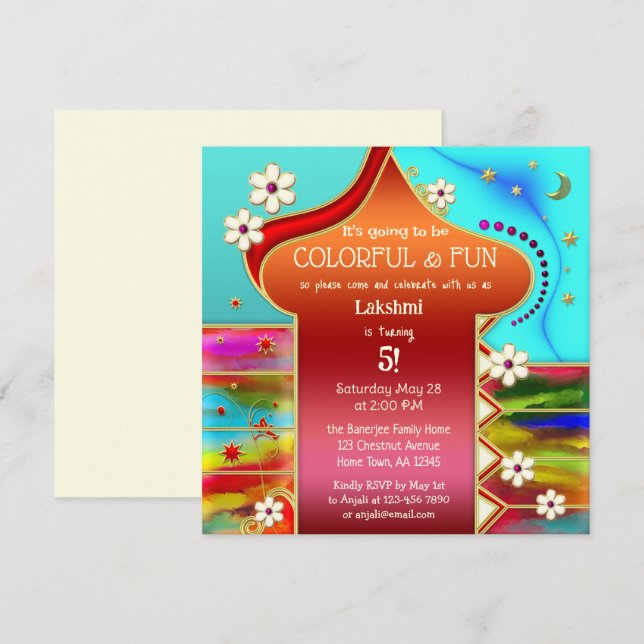 Indian Colorful Floral Fantasy Birthday Party Invitation (Front/Back)