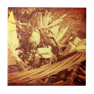 Indian Corn In Basket Vintage Look Tile