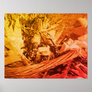 Indian Corn In Wicker Basket In Sepia Vintage Poster