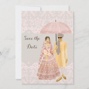 Indian Couple Illustration with pink umbrella Save The Date