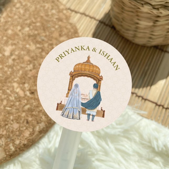 Indian Couple Traditional Wedding Classic Round Sticker (Indian Punjabi Hindu Couple in Traditional Saree Wedding Favors stickers)