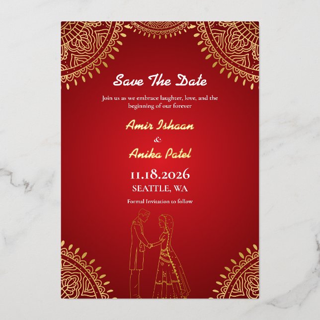 Indian Couple Wedding Red Gold Save The Date (Front)