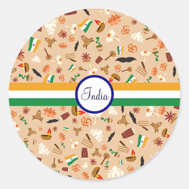 Indian cultural items with flag and text classic round sticker (Front)